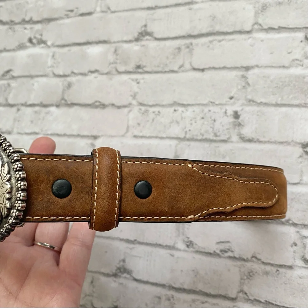 Kids Nocona Genuine Brown Leather Belt With Bull Rider Silver Buckle